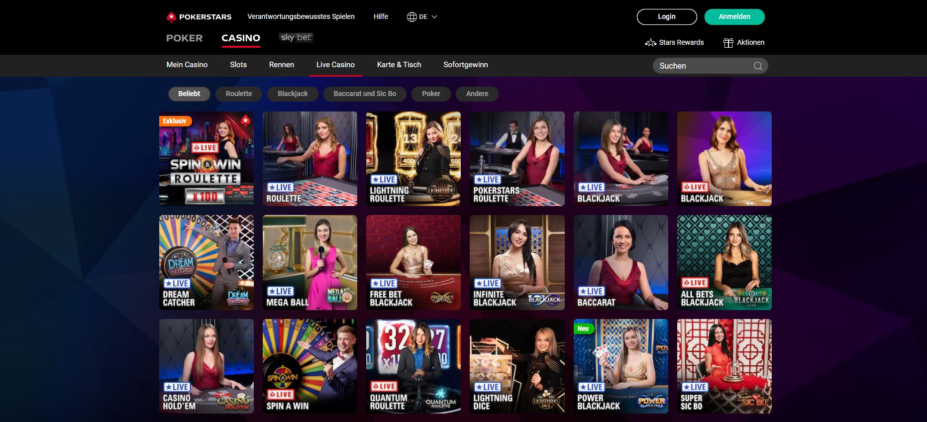 Die Startseite des Live Dealer Bereichs vom Pokerstars Casino.
